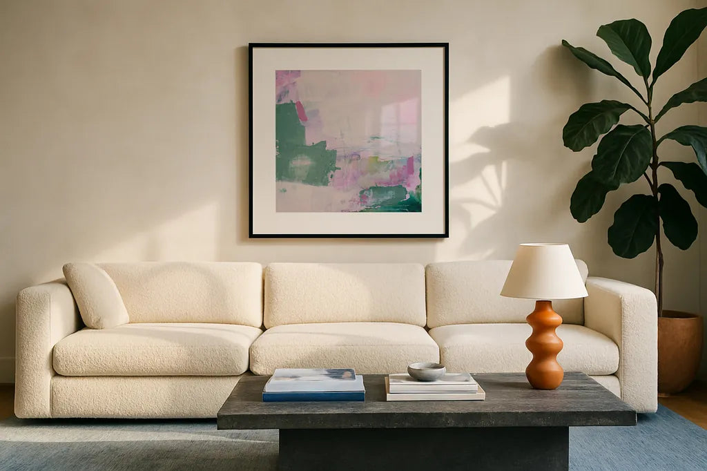 A Place I Dreamed Of by Jocelyn Elizabeth. Displayed in a glass frame with matte in a clean modern living room. Available as an archival giclee rolled canvas, fine art paper, or poster print. SKU 100333a.