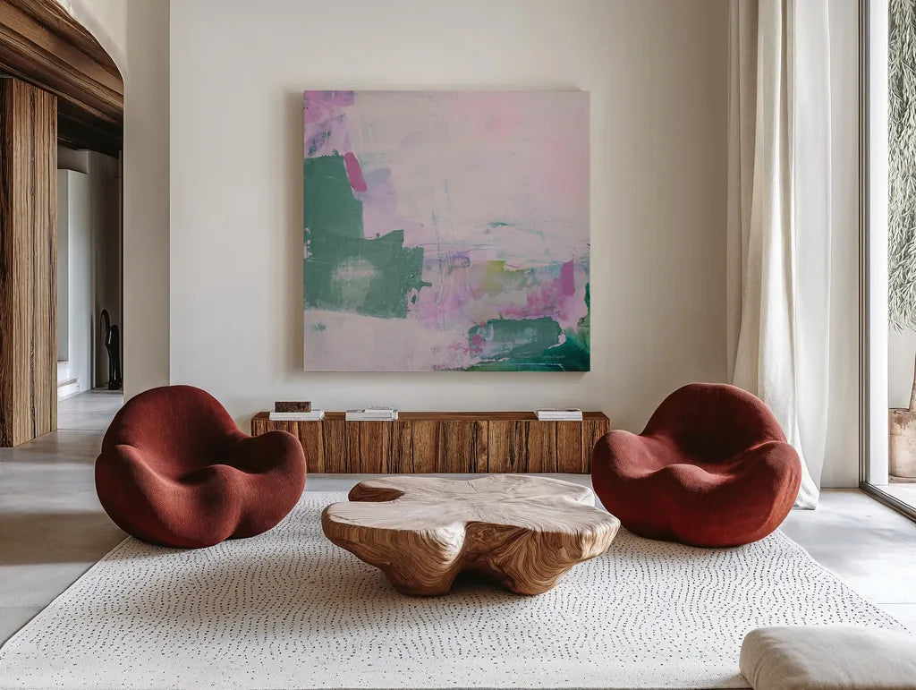 A Place I Dreamed Of by Jocelyn Elizabeth. Shown as extra-large giant wall art in a modern living room. Available as an archival giclee rolled canvas, fine art paper, or poster print. SKU 100333a.