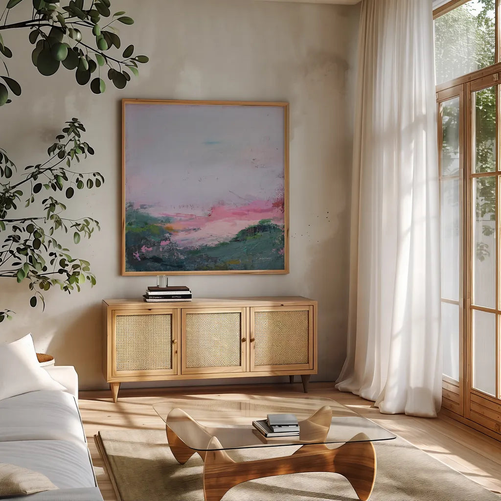 A Place I Have Never Been by Jocelyn Elizabeth. Shown in a natural wood frame in a cozy modern living room. Available as an archival giclee rolled canvas, fine art paper, or poster print. SKU 100334a.