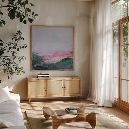 A Place I Have Never Been by Jocelyn Elizabeth. Shown in a natural wood frame in a cozy modern living room. Available as an archival giclee rolled canvas, fine art paper, or poster print. SKU 100334a.