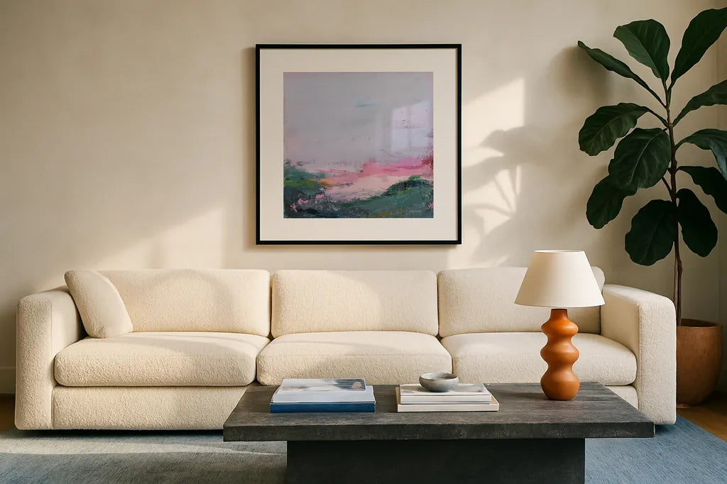 A Place I Have Never Been by Jocelyn Elizabeth. Displayed in a glass frame with matte in a clean modern living room. Available as an archival giclee rolled canvas, fine art paper, or poster print. SKU 100334a.