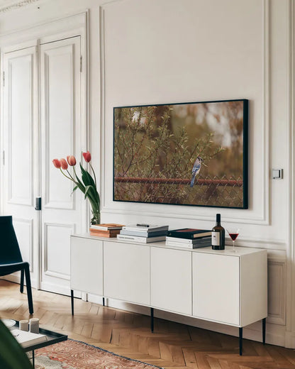 Backyard Blue Jay by Jocelyn Elizabeth. shown as a framed stretched canvas in a living room above a console. Available as a archival giclee rolled canvas, fine art paper, or poster print. SKU 94027i.