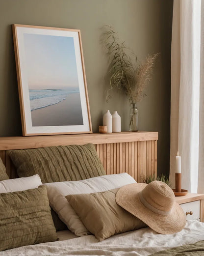 Beach Summer Dusk by Jocelyn Elizabeth. shown as a paper print in a natural frame. Available as a archival giclee rolled canvas, fine art paper, or poster print. SKU 99320h.