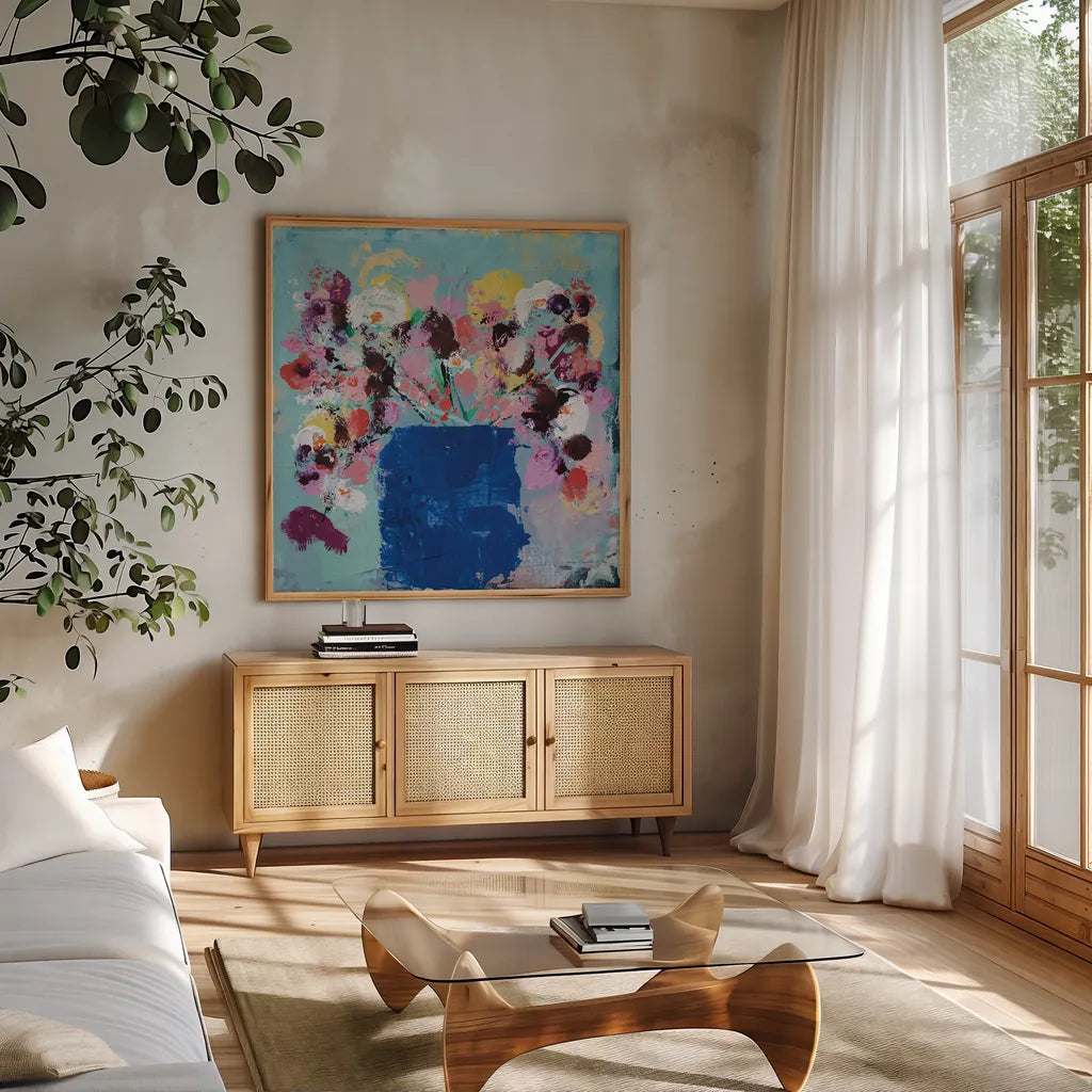 Beauty by Jocelyn Elizabeth. Shown in a natural wood frame in a cozy modern living room. Available as an archival giclee rolled canvas, fine art paper, or poster print. SKU 94106a.