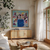 Beauty by Jocelyn Elizabeth. Shown in a natural wood frame in a cozy modern living room. Available as an archival giclee rolled canvas, fine art paper, or poster print. SKU 94106a.