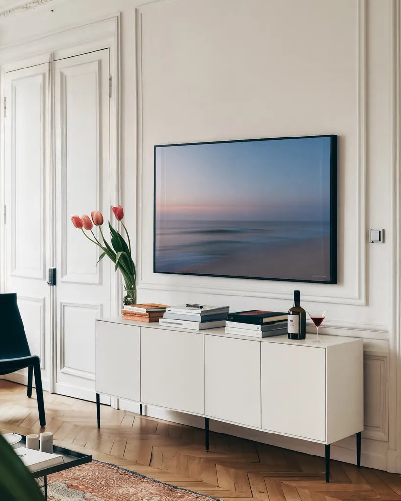 Blue Hour by Jocelyn Elizabeth. shown as a framed stretched canvas in a living room above a console. Available as a archival giclee rolled canvas, fine art paper, or poster print. SKU 102106i.