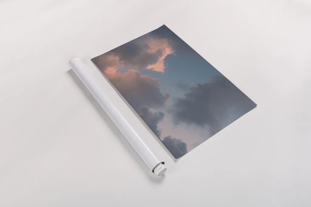 Blue Sky Moonrise by Jocelyn Elizabeth. shown as a rolled paper print. Available as archival giclee rolled canvas, fine art paper, or poster print. SKU 100322i.