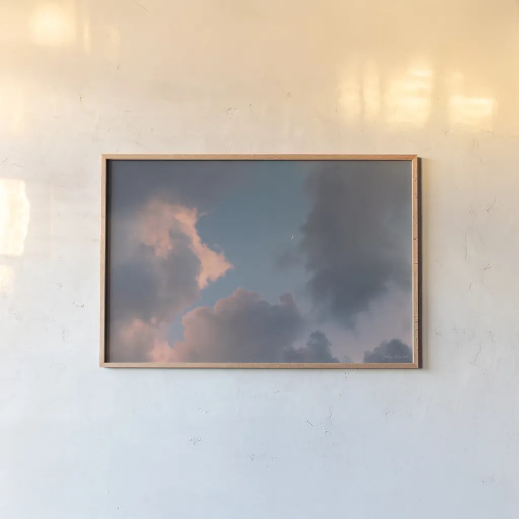 Blue Sky Moonrise by Jocelyn Elizabeth. shown as a paper print in a natural frame. Available as a archival giclee rolled canvas, fine art paper, or poster print. SKU 100322i.