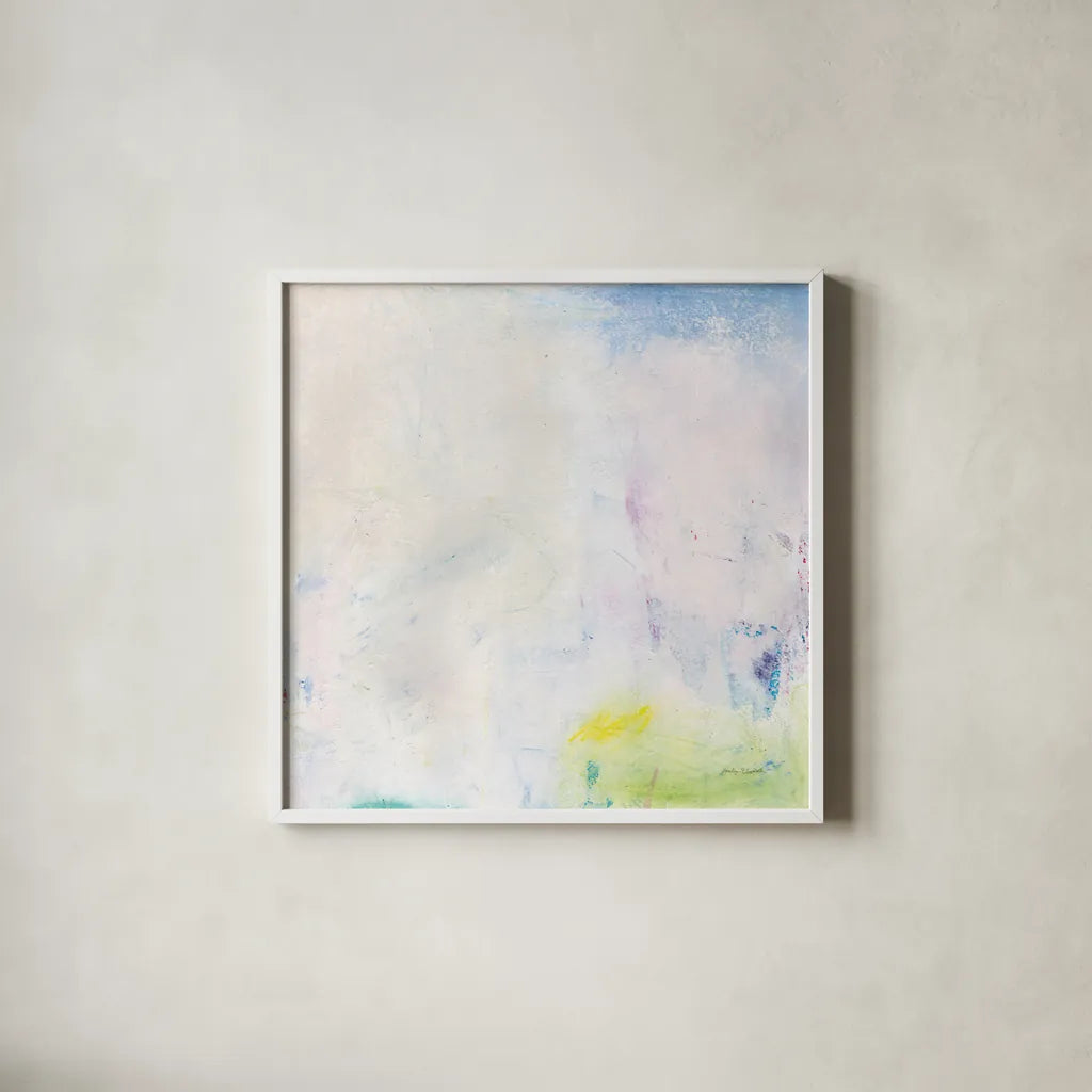 Candy Clouds I by Jocelyn Elizabeth. Shown in a crisp white glass frame for a clean and minimalist style. Available as an archival giclee rolled canvas, fine art paper, or poster print. SKU 100326a.