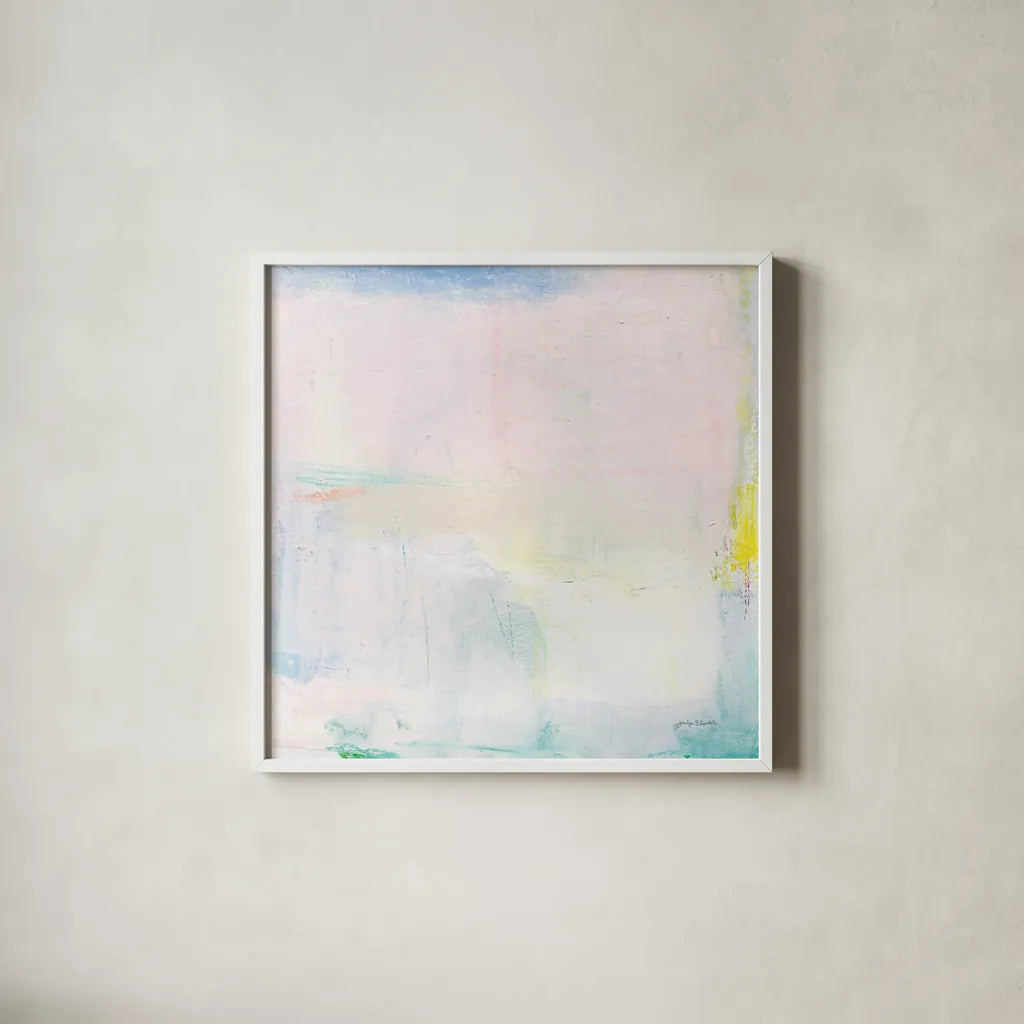 Candy Clouds II by Jocelyn Elizabeth. Shown in a crisp white glass frame for a clean and minimalist style. Available as an archival giclee rolled canvas, fine art paper, or poster print. SKU 100327a.