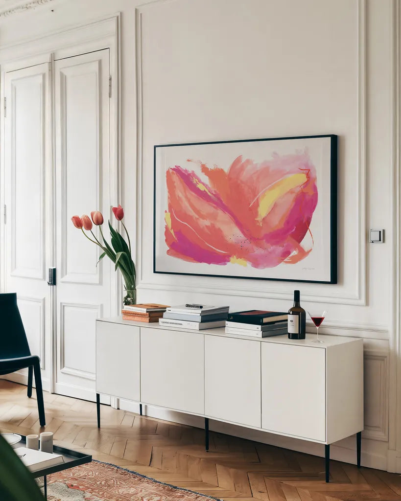 Celebration by Jocelyn Elizabeth. shown as a framed stretched canvas in a living room above a console. Available as a archival giclee rolled canvas, fine art paper, or poster print. SKU 95422i.