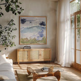 Coastal Storm II by Jocelyn Elizabeth. Shown in a natural wood frame in a cozy modern living room. Available as an archival giclee rolled canvas, fine art paper, or poster print. SKU 101015a.