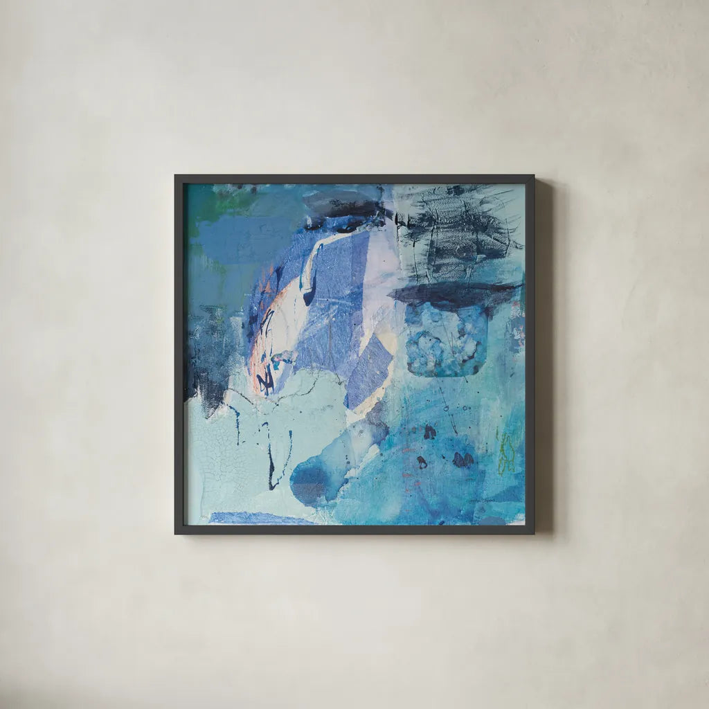 Dive Into the Ocean I by Jocelyn Elizabeth. Shown in a sleek black glass frame for a contemporary gallery look. Available as an archival giclee rolled canvas, fine art paper, or poster print. SKU 100328a.