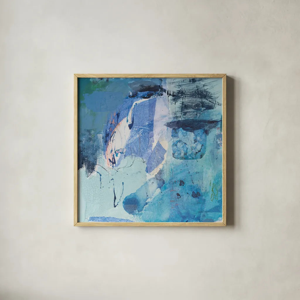 Dive Into the Ocean I by Jocelyn Elizabeth. Shown in a natural wood glass frame for a timeless modern aesthetic. Available as an archival giclee rolled canvas, fine art paper, or poster print. SKU 100328a.