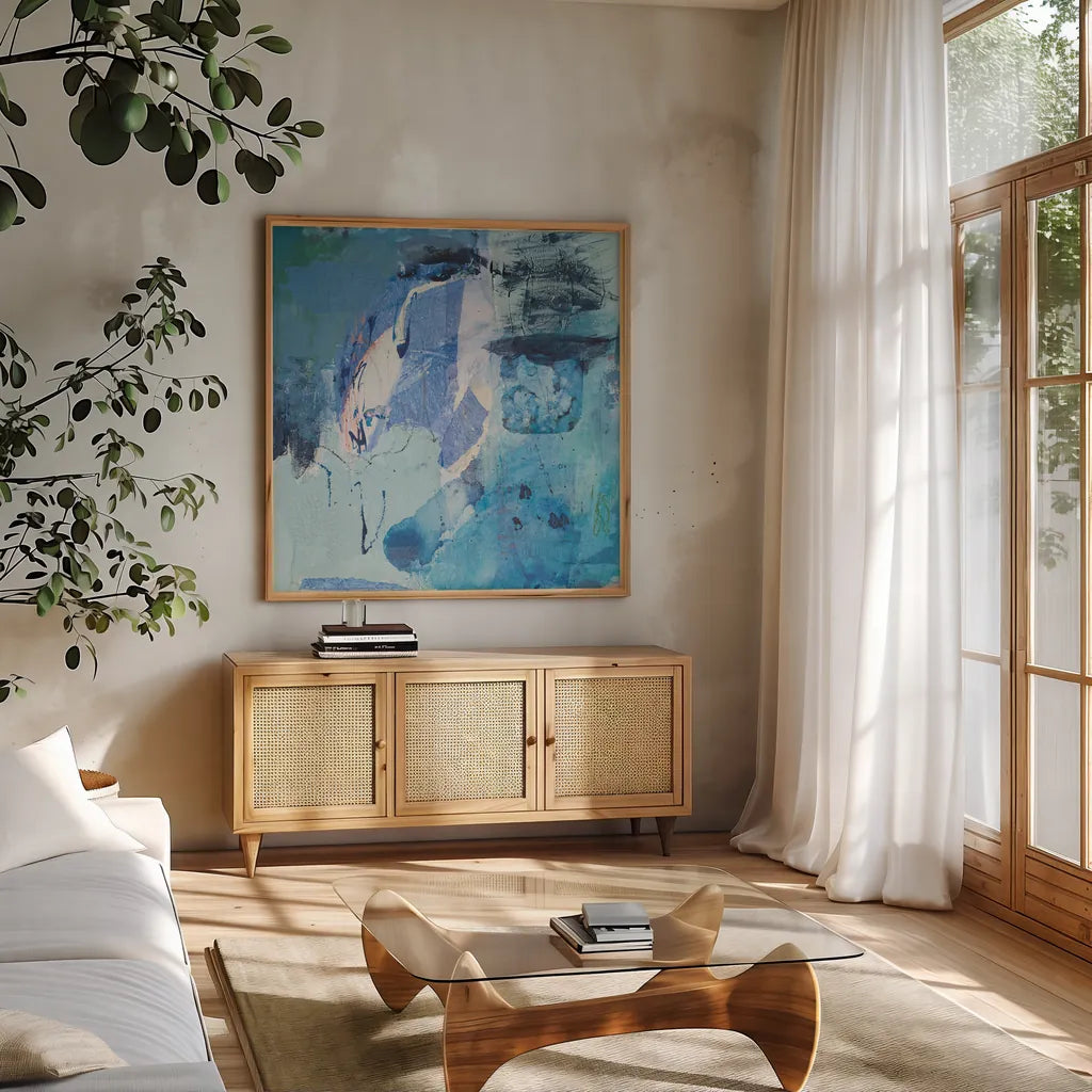 Dive Into the Ocean I by Jocelyn Elizabeth. Shown in a natural wood frame in a cozy modern living room. Available as an archival giclee rolled canvas, fine art paper, or poster print. SKU 100328a.