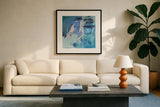 Dive Into the Ocean I by Jocelyn Elizabeth. Displayed in a glass frame with matte in a clean modern living room. Available as an archival giclee rolled canvas, fine art paper, or poster print. SKU 100328a.
