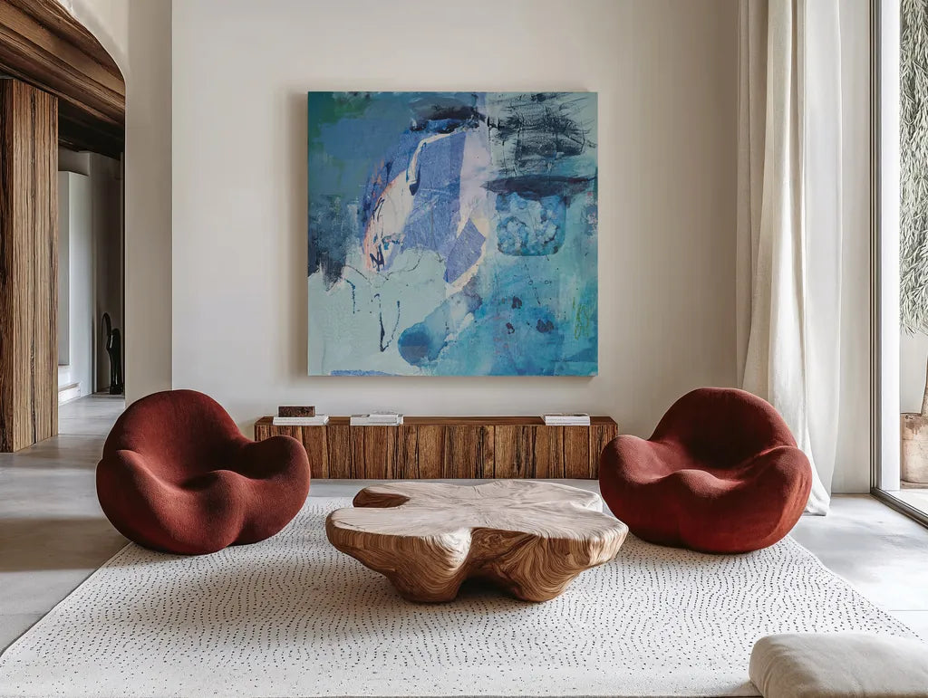 Dive Into the Ocean I by Jocelyn Elizabeth. Shown as extra-large giant wall art in a modern living room. Available as an archival giclee rolled canvas, fine art paper, or poster print. SKU 100328a.