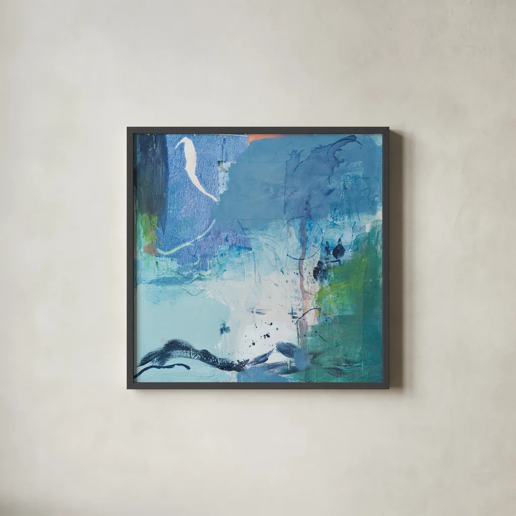 Dive Into the Ocean II by Jocelyn Elizabeth. Shown in a sleek black glass frame for a contemporary gallery look. Available as an archival giclee rolled canvas, fine art paper, or poster print. SKU 100329a.