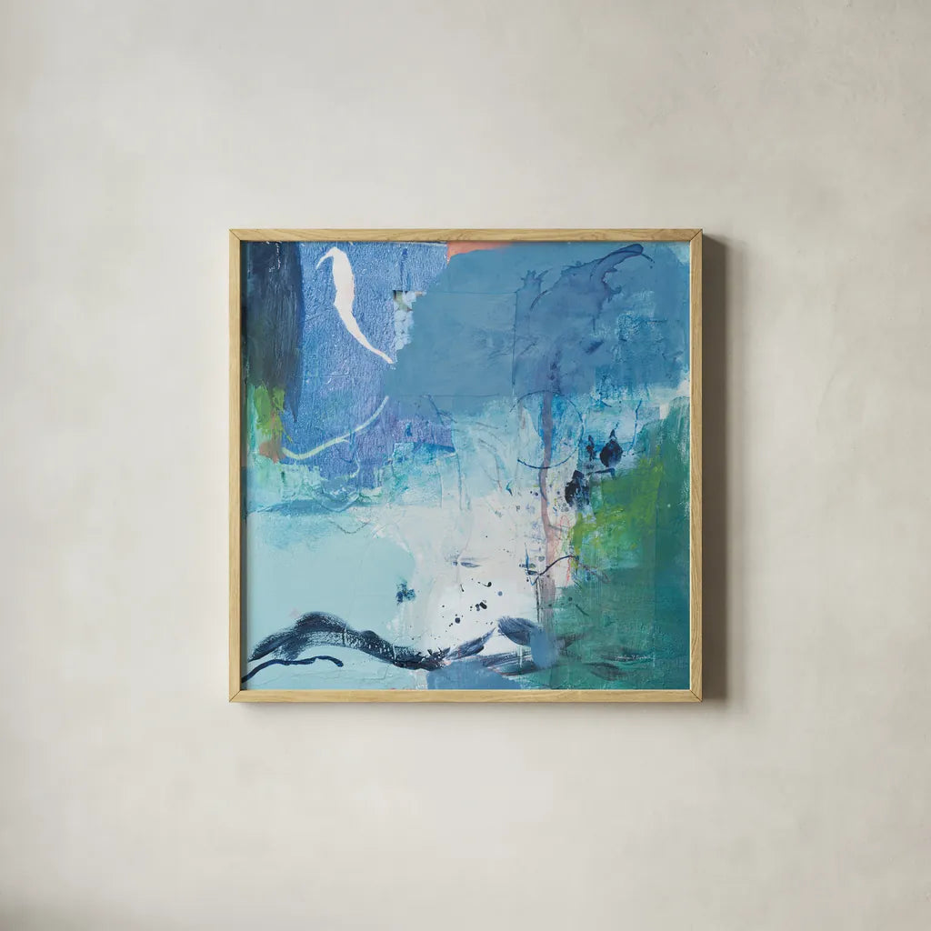 Dive Into the Ocean II by Jocelyn Elizabeth. Shown in a natural wood glass frame for a timeless modern aesthetic. Available as an archival giclee rolled canvas, fine art paper, or poster print. SKU 100329a.