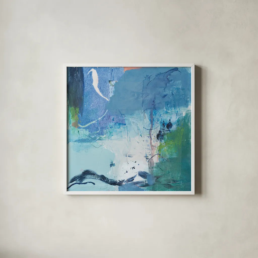 Dive Into the Ocean II by Jocelyn Elizabeth. Shown in a crisp white glass frame for a clean and minimalist style. Available as an archival giclee rolled canvas, fine art paper, or poster print. SKU 100329a.