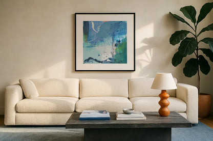 Dive Into the Ocean II by Jocelyn Elizabeth. Displayed in a glass frame with matte in a clean modern living room. Available as an archival giclee rolled canvas, fine art paper, or poster print. SKU 100329a.