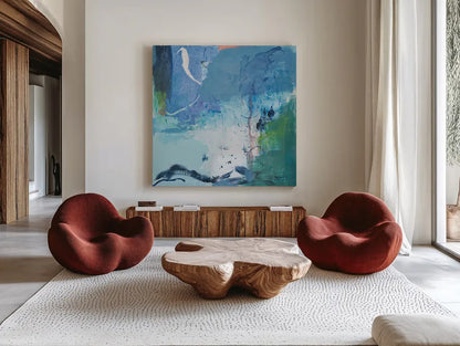 Dive Into the Ocean II by Jocelyn Elizabeth. Shown as extra-large giant wall art in a modern living room. Available as an archival giclee rolled canvas, fine art paper, or poster print. SKU 100329a.