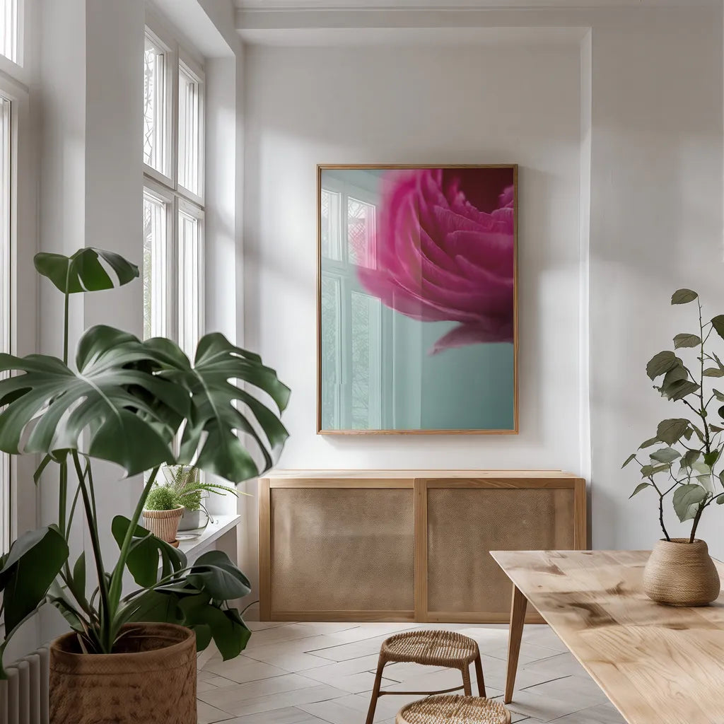 En Romance by Jocelyn Elizabeth. shown as a print in a natural wood frame in a dining room. Available as a archival giclee rolled canvas, fine art paper, or poster print. SKU 94032h.