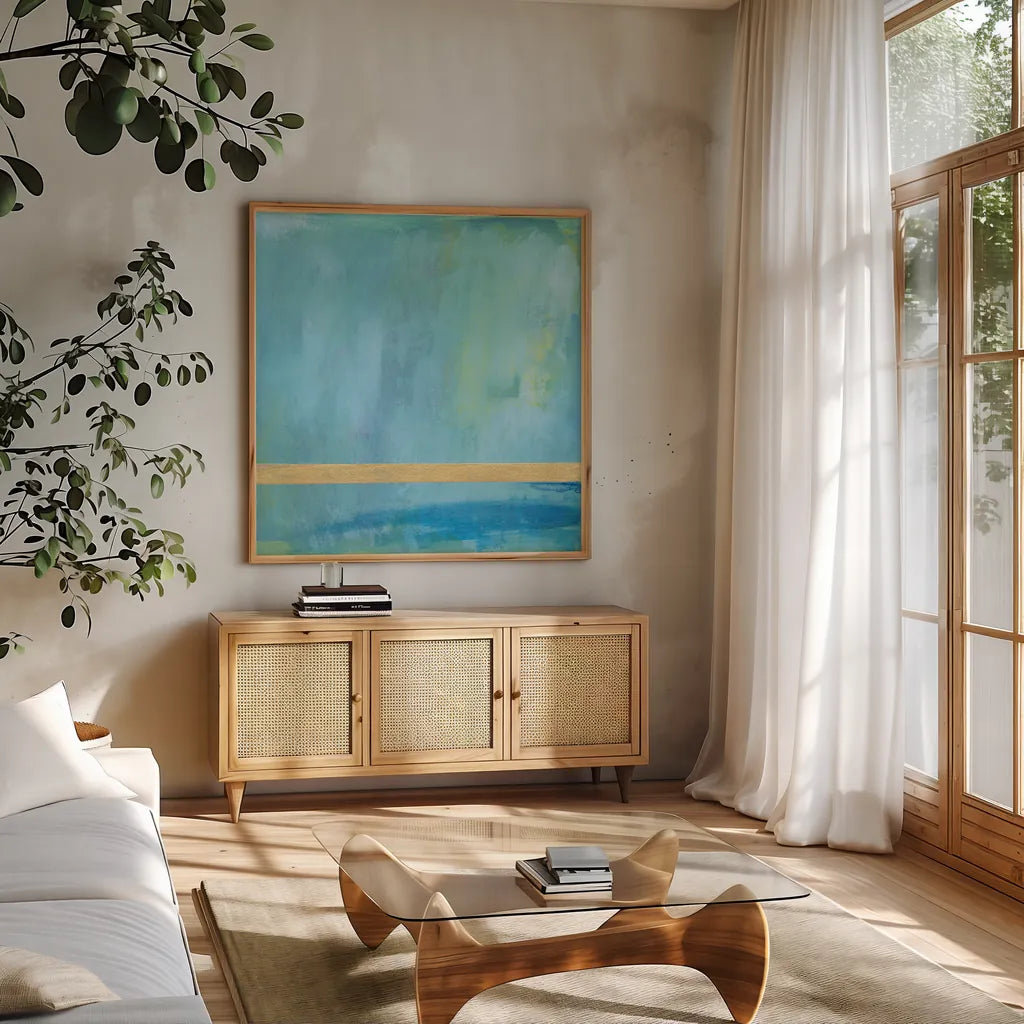 Feels Like Fate II by Jocelyn Elizabeth. Shown in a natural wood frame in a cozy modern living room. Available as an archival giclee rolled canvas, fine art paper, or poster print. SKU 94744a.
