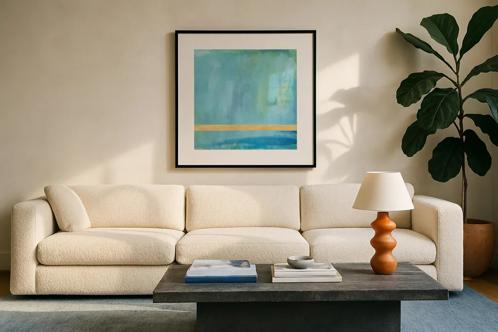 Feels Like Fate II by Jocelyn Elizabeth. Displayed in a glass frame with matte in a clean modern living room. Available as an archival giclee rolled canvas, fine art paper, or poster print. SKU 94744a.