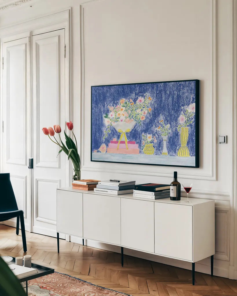 Flower Vases and Books by Jocelyn Elizabeth. shown as a framed stretched canvas in a living room above a console. Available as a archival giclee rolled canvas, fine art paper, or poster print. SKU 100967i.