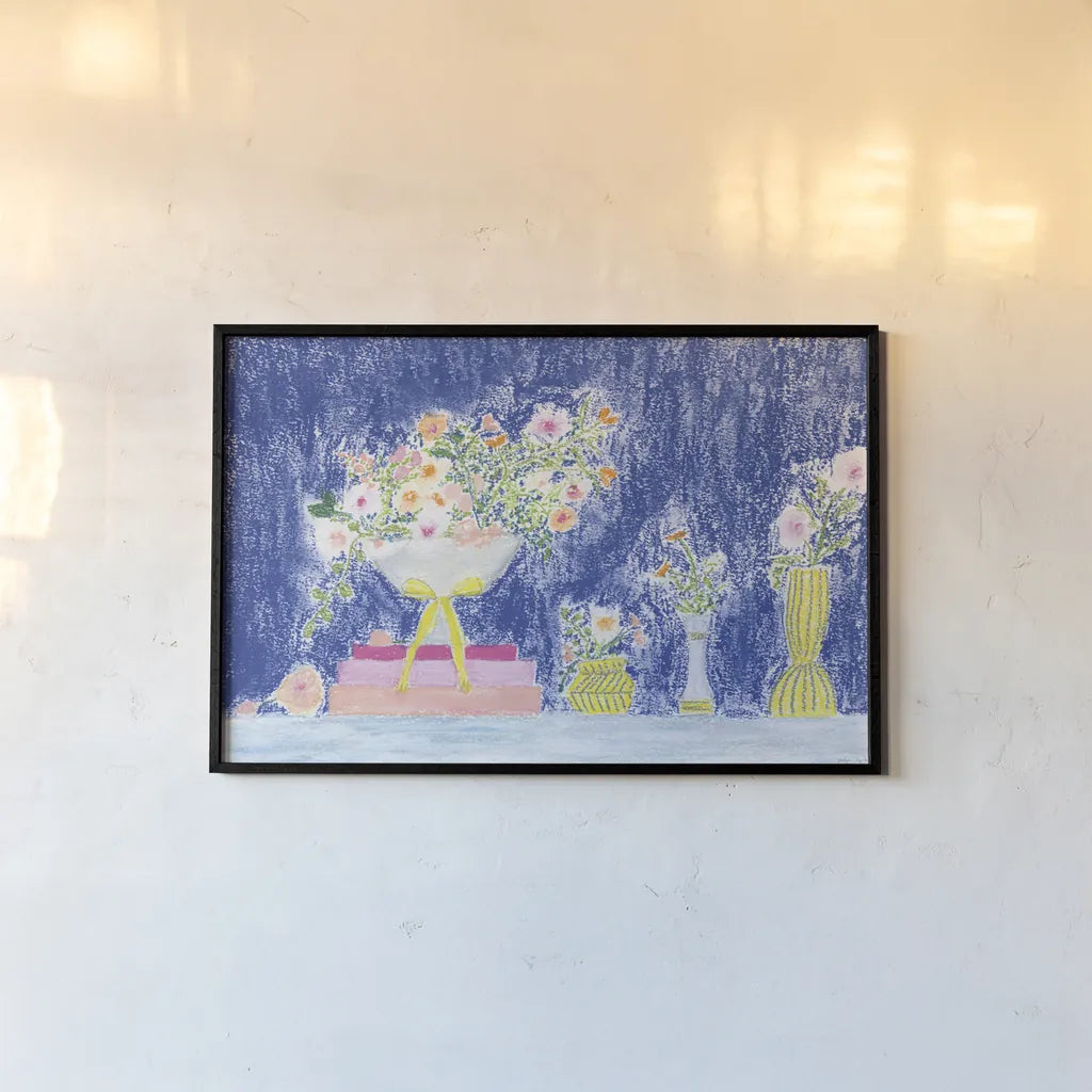 Flower Vases and Books by Jocelyn Elizabeth. shown as a paper print in a black flame. Available as a archival giclee rolled canvas, fine art paper, or poster print. SKU 100967i.