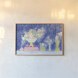Flower Vases and Books by Jocelyn Elizabeth. shown as a paper print in a natural frame. Available as a archival giclee rolled canvas, fine art paper, or poster print. SKU 100967i.