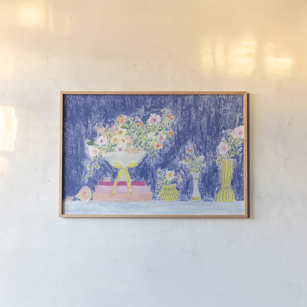 Flower Vases and Books by Jocelyn Elizabeth. shown as a paper print in a natural frame. Available as a archival giclee rolled canvas, fine art paper, or poster print. SKU 100967i.