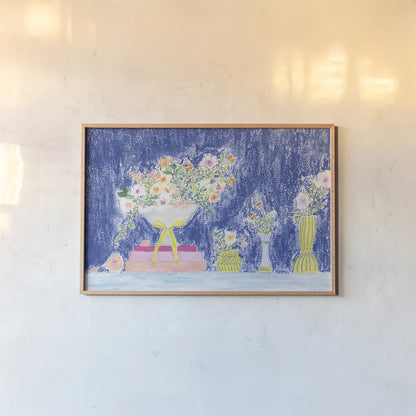 Flower Vases and Books by Jocelyn Elizabeth. shown as a paper print in a natural frame. Available as a archival giclee rolled canvas, fine art paper, or poster print. SKU 100967i.