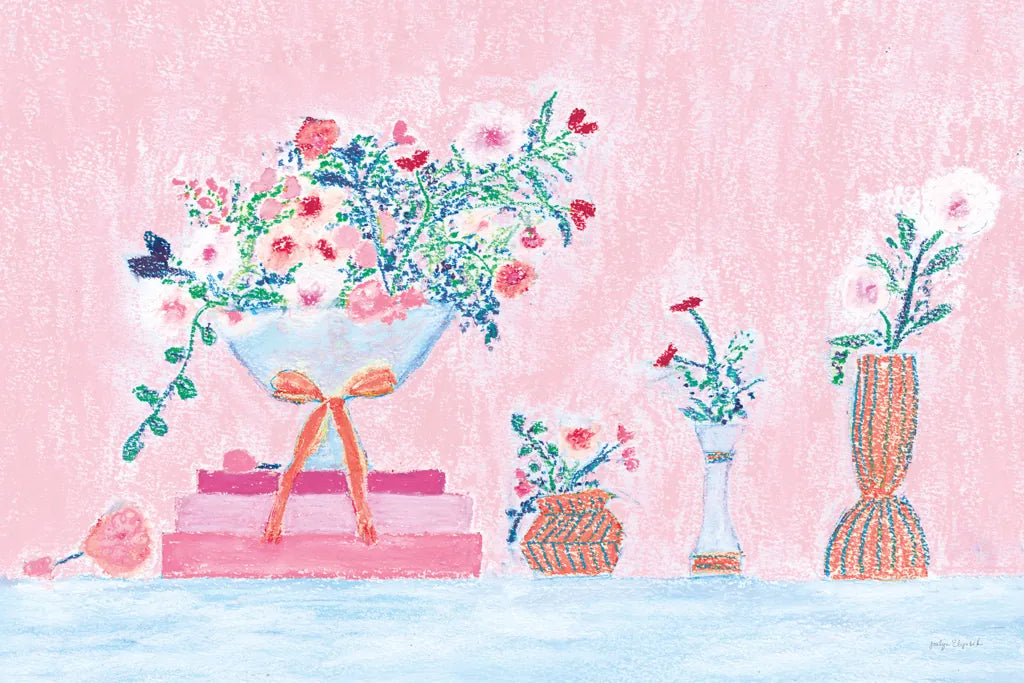Flower Vases and Books Pink by Jocelyn Elizabeth. SKU 100970i. Archival Giclee Fine art print for wall decor.