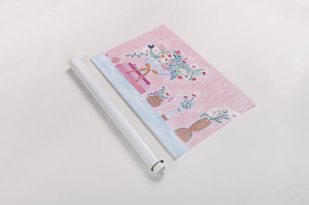Flower Vases and Books Pink by Jocelyn Elizabeth. shown as a rolled paper print. Available as archival giclee rolled canvas, fine art paper, or poster print. SKU 100970i.