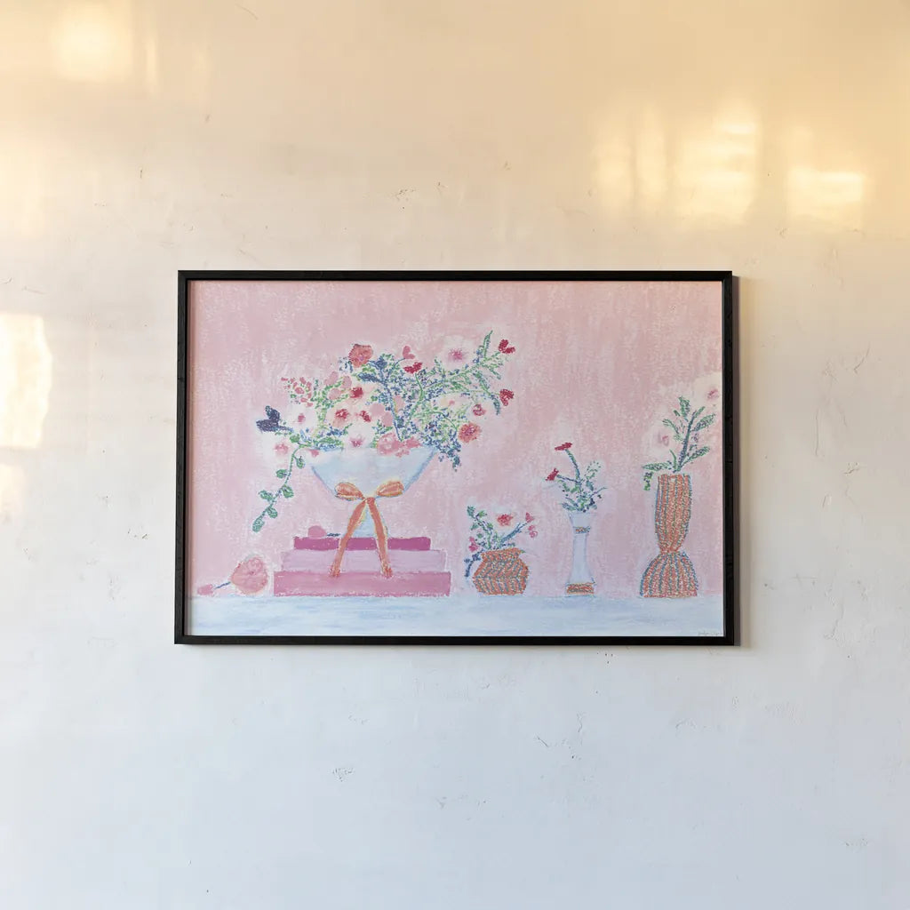 Flower Vases and Books Pink by Jocelyn Elizabeth. shown as a paper print in a black flame. Available as a archival giclee rolled canvas, fine art paper, or poster print. SKU 100970i.
