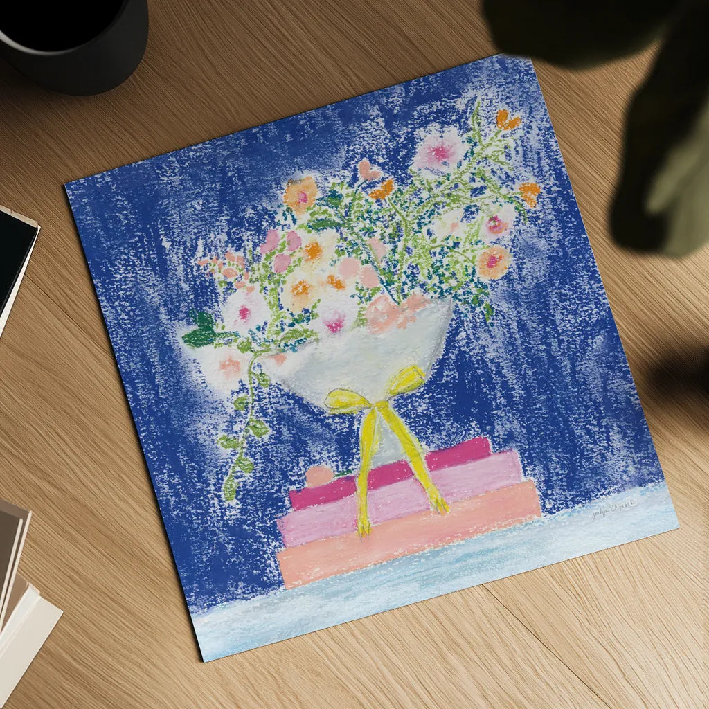 Flower Vases and Books Square by Jocelyn Elizabeth. Shown as a detailed flat fine art print, highlighting archival giclee quality. Available as an archival giclee rolled canvas, fine art paper, or poster print. SKU 100969a.