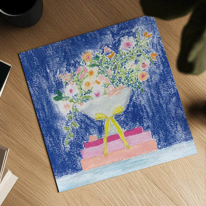 Flower Vases and Books Square by Jocelyn Elizabeth. Shown as a detailed flat fine art print, highlighting archival giclee quality. Available as an archival giclee rolled canvas, fine art paper, or poster print. SKU 100969a.