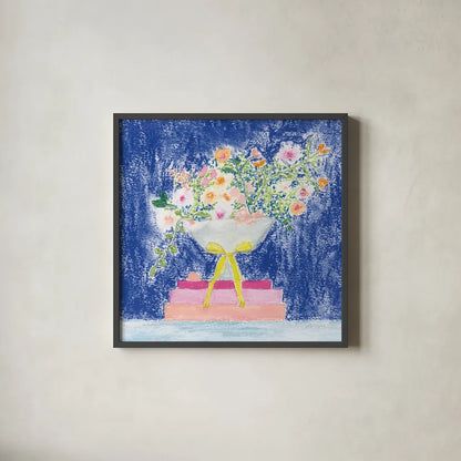 Flower Vases and Books Square by Jocelyn Elizabeth. Shown in a sleek black glass frame for a contemporary gallery look. Available as an archival giclee rolled canvas, fine art paper, or poster print. SKU 100969a.
