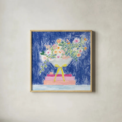 Flower Vases and Books Square by Jocelyn Elizabeth. Shown in a natural wood glass frame for a timeless modern aesthetic. Available as an archival giclee rolled canvas, fine art paper, or poster print. SKU 100969a.