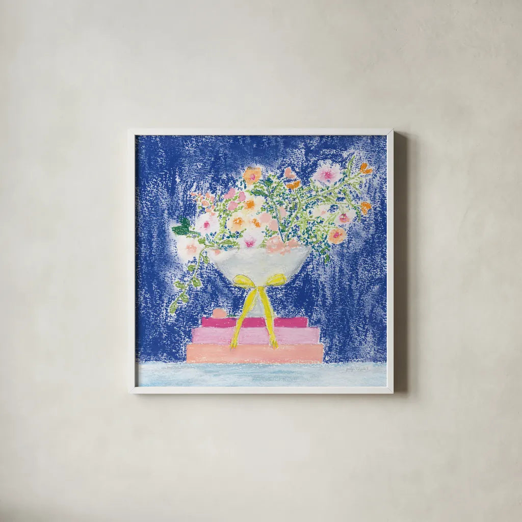 Flower Vases and Books Square by Jocelyn Elizabeth. Shown in a crisp white glass frame for a clean and minimalist style. Available as an archival giclee rolled canvas, fine art paper, or poster print. SKU 100969a.