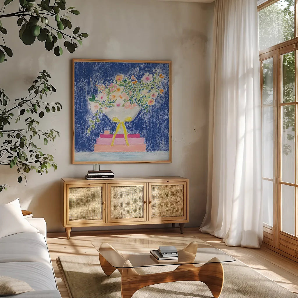 Flower Vases and Books Square by Jocelyn Elizabeth. Shown in a natural wood frame in a cozy modern living room. Available as an archival giclee rolled canvas, fine art paper, or poster print. SKU 100969a.