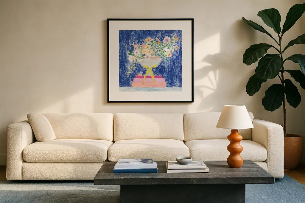 Flower Vases and Books Square by Jocelyn Elizabeth. Displayed in a glass frame with matte in a clean modern living room. Available as an archival giclee rolled canvas, fine art paper, or poster print. SKU 100969a.