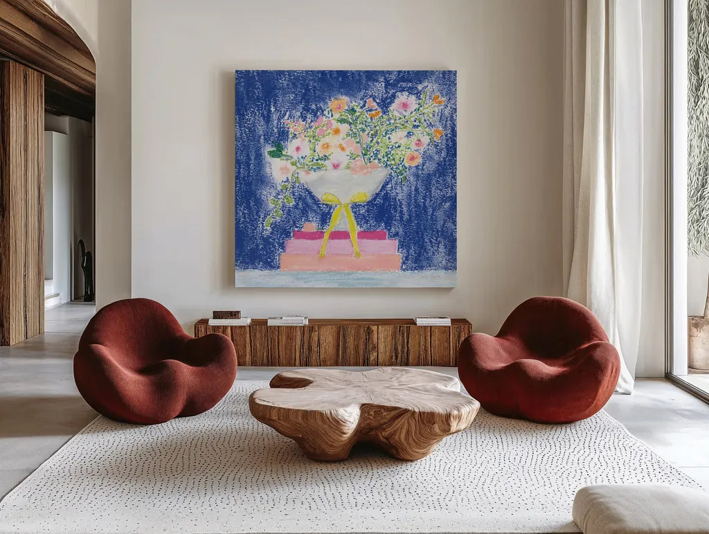 Flower Vases and Books Square by Jocelyn Elizabeth. Shown as extra-large giant wall art in a modern living room. Available as an archival giclee rolled canvas, fine art paper, or poster print. SKU 100969a.
