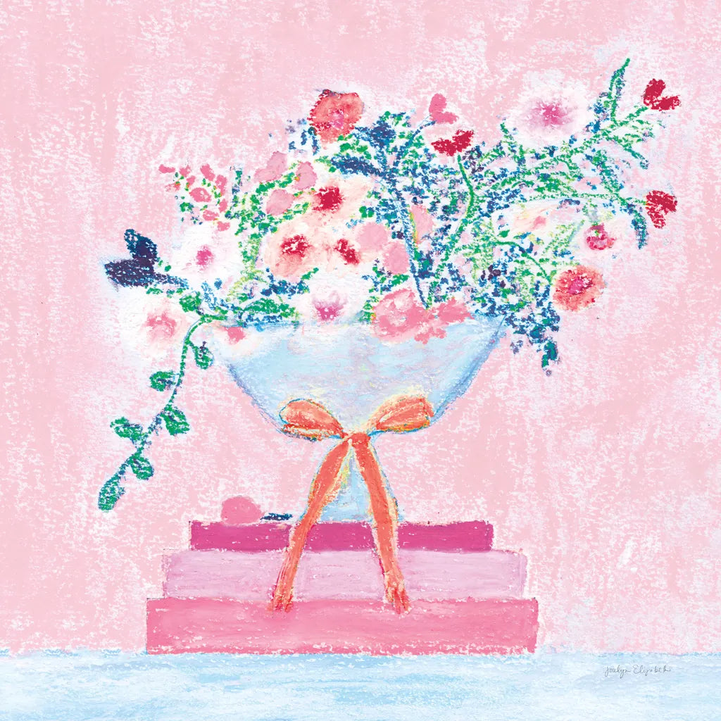 Flower Vases and Books Square Pink by Jocelyn Elizabeth. SKU 100971a. Archival Giclee Fine art print for wall decor.
