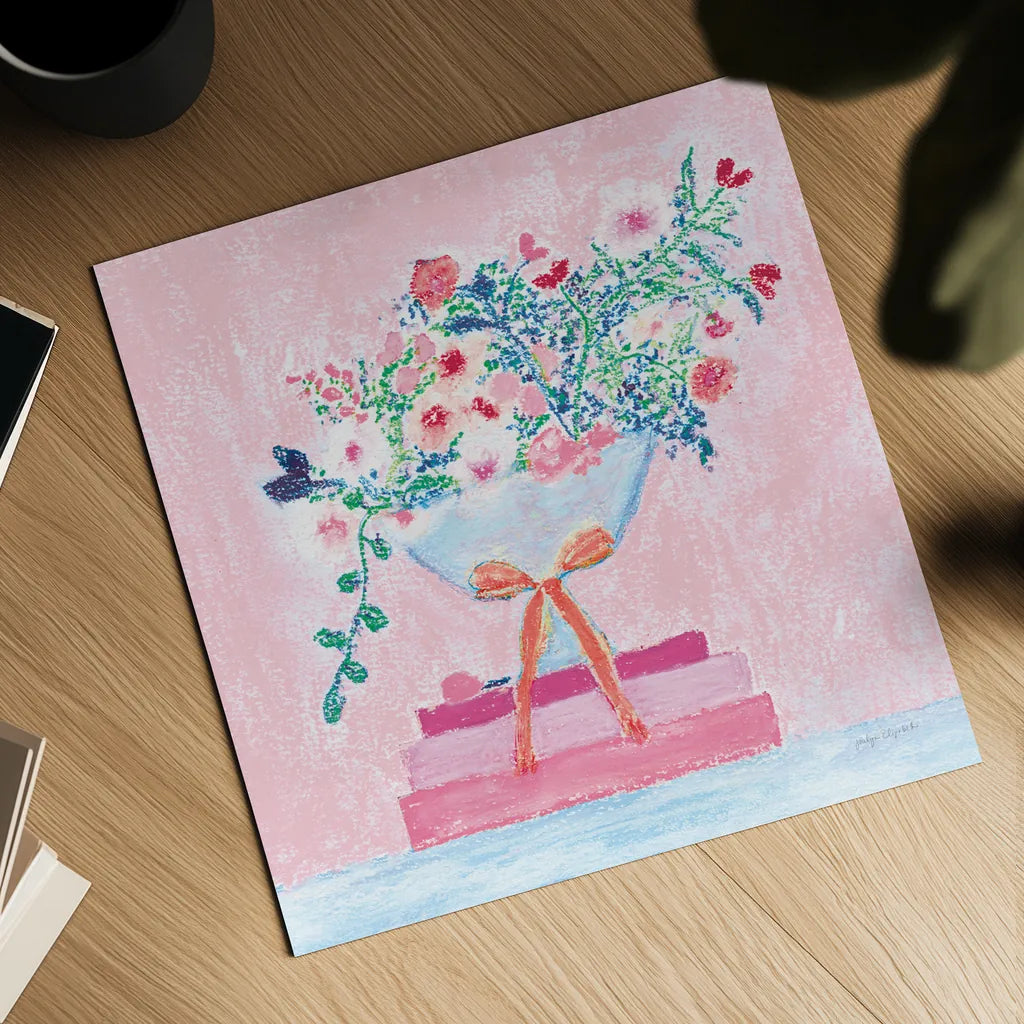 Flower Vases and Books Square Pink by Jocelyn Elizabeth. Shown as a detailed flat fine art print, highlighting archival giclee quality. Available as an archival giclee rolled canvas, fine art paper, or poster print. SKU 100971a.