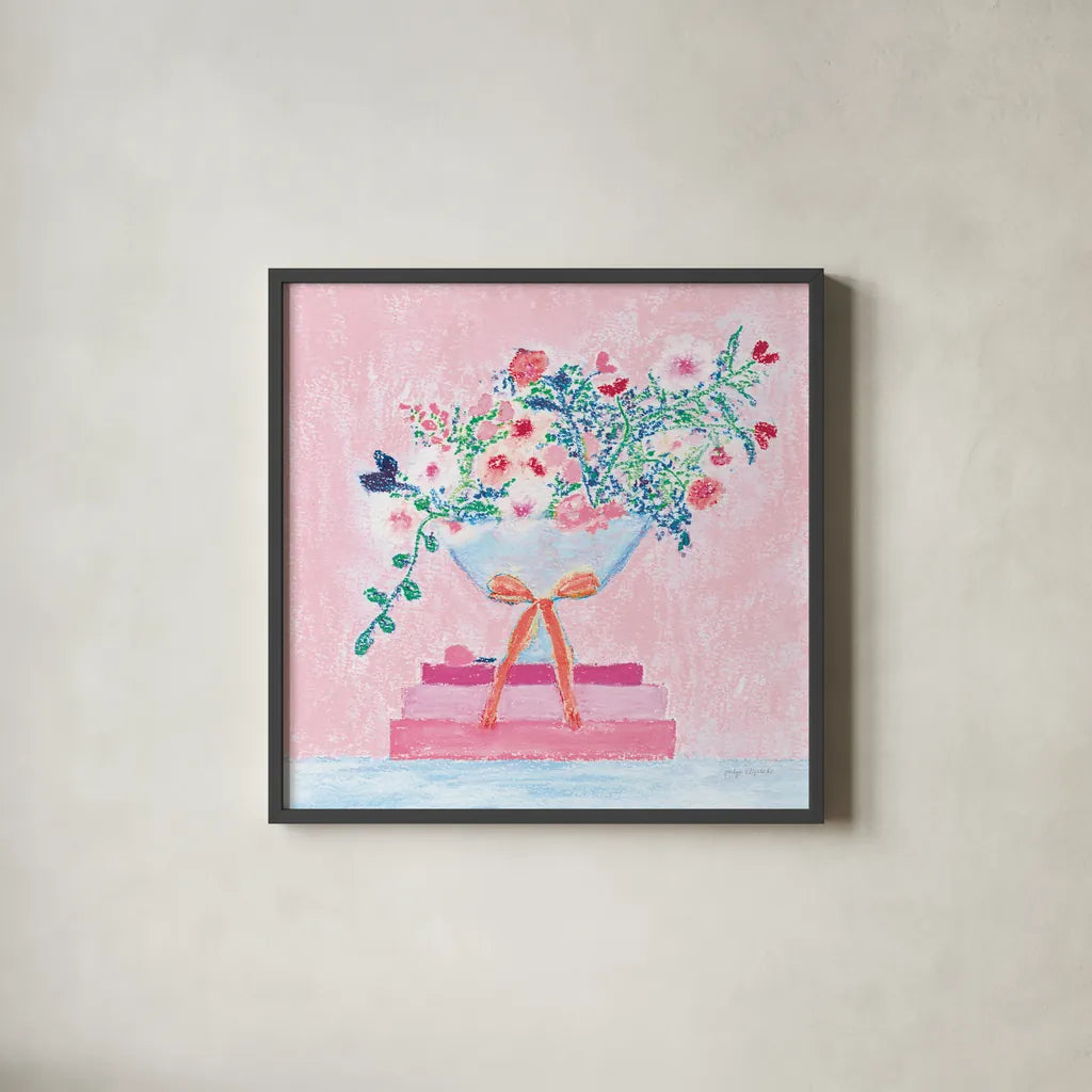 Flower Vases and Books Square Pink by Jocelyn Elizabeth. Shown in a sleek black glass frame for a contemporary gallery look. Available as an archival giclee rolled canvas, fine art paper, or poster print. SKU 100971a.
