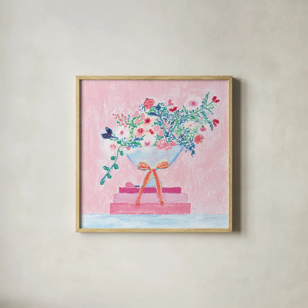 Flower Vases and Books Square Pink by Jocelyn Elizabeth. Shown in a natural wood glass frame for a timeless modern aesthetic. Available as an archival giclee rolled canvas, fine art paper, or poster print. SKU 100971a.