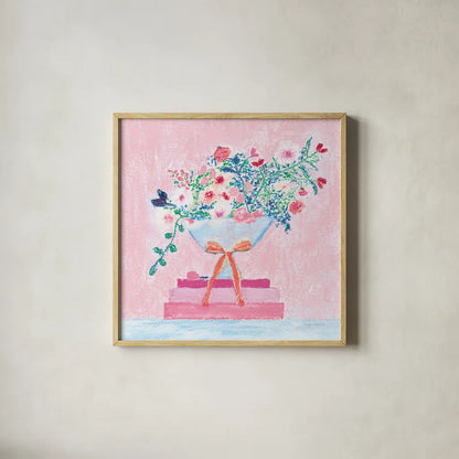 Flower Vases and Books Square Pink by Jocelyn Elizabeth. Shown in a natural wood glass frame for a timeless modern aesthetic. Available as an archival giclee rolled canvas, fine art paper, or poster print. SKU 100971a.